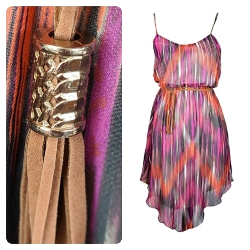 Vintage Watercolor Shark Hem Cami Dress Purple Orange Black Bohemian Boho Size S